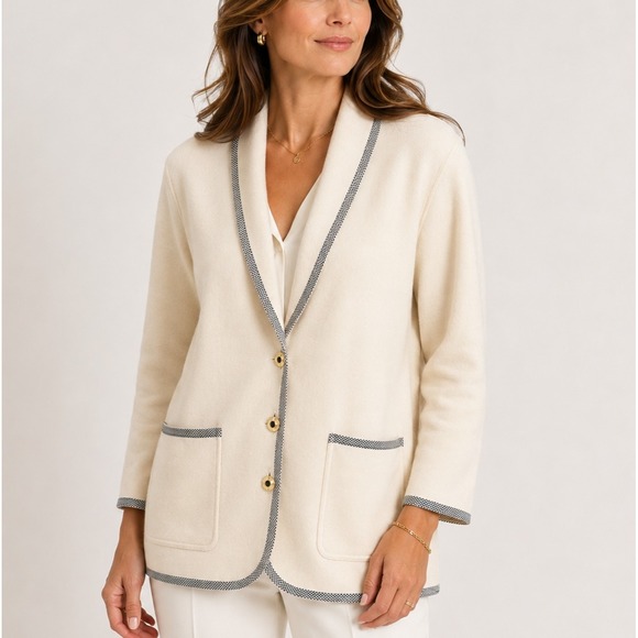 Escada Sweaters - Vtg Escada Cardigan Sweater Women 36 US Small White Contrast Trim Wool Old Money